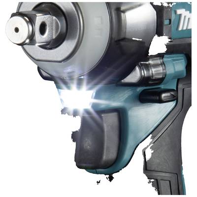Akkuschrauber im Einsatz mit leuchtender LED-Lampe, zeigt einen Teil des Geräts aus der Nähe. Hauptfarbe ist Türkis.