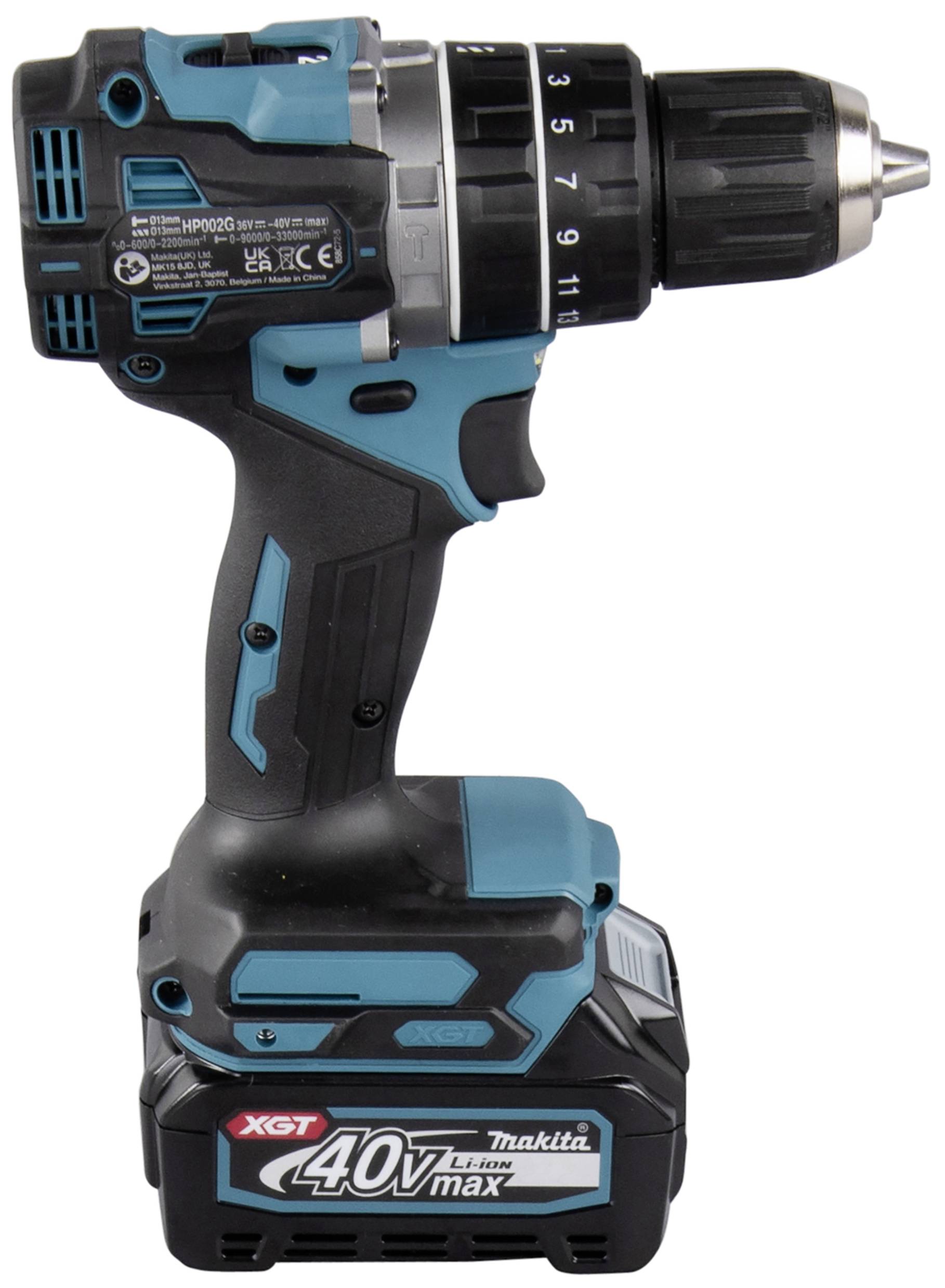 Ein kabelloser Akkubohrschrauber in Blau und Schwarz mit einem 40V Akku.