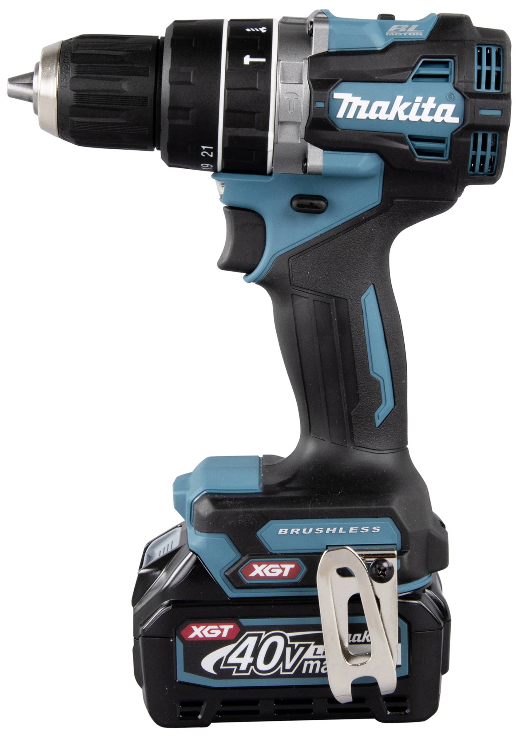 Akku-Bohrschrauber von Makita, Modell mit 40V XGT Akku und bürstenlosem Motor, Schwarz-Blau, mit Bohrfutter vorne.