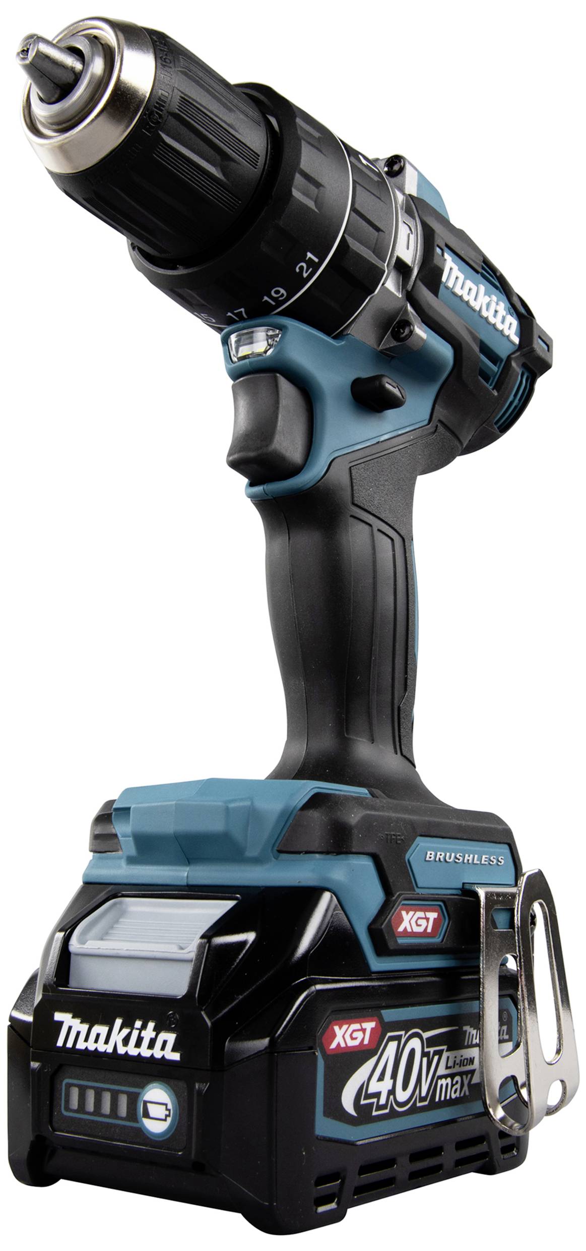 Akkubohrmaschine Makita mit blau-schwarzem Gehäuse, 40V Li-Ion-Akku, Metallbohrfutter und Drehmomenteinstellung.