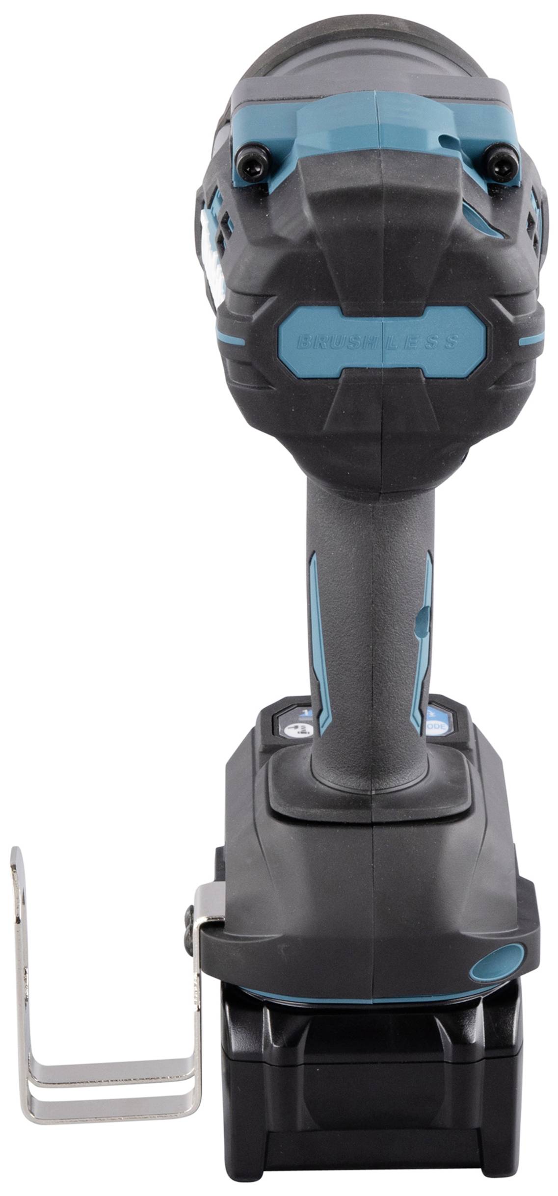 Akkubohrmaschine, schwarz-blaues Design, Frontalansicht.