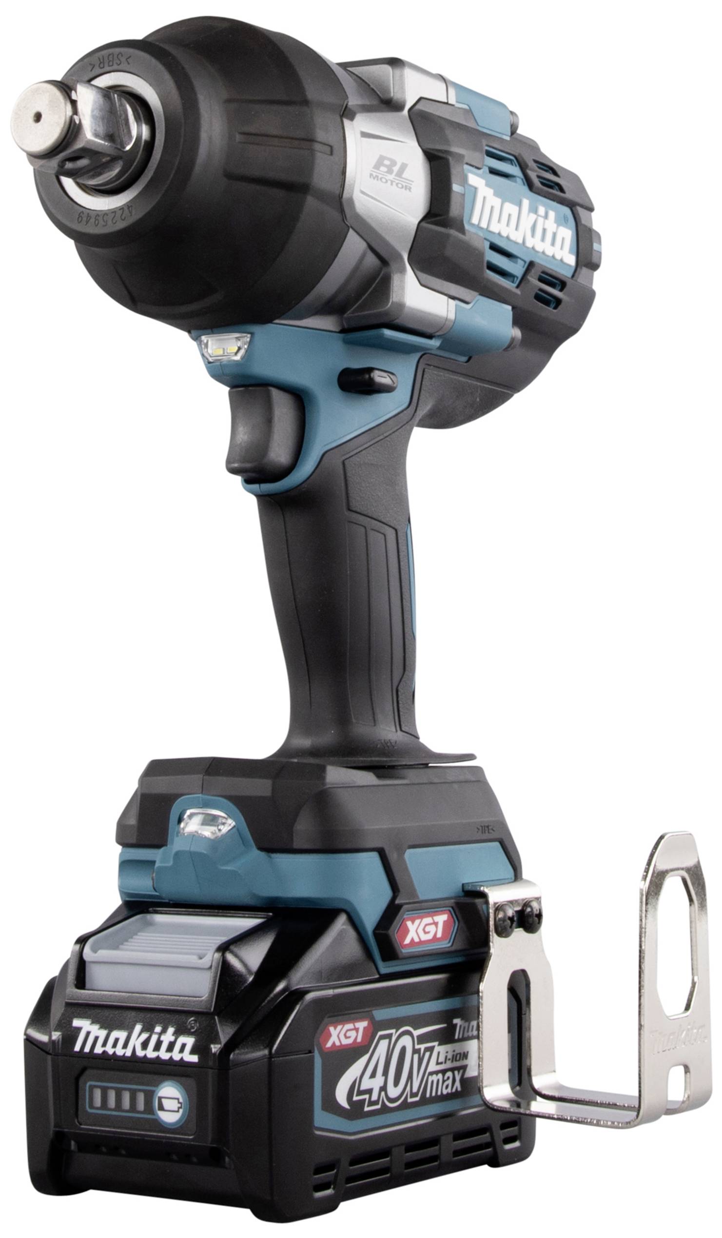 Akkuschlagschrauber von Makita mit blau-schwarzer Farbe, montiertem Akku und Gürtelclip. Geeignet für handwerkliche Arbeiten.