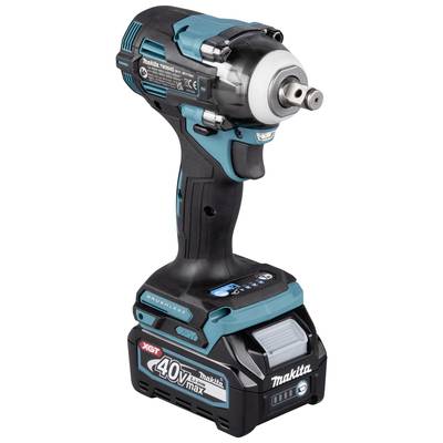 Ein blau-schwarzer Makita-Akku-Schlagschrauber mit 40V max Leistung. Er hat einen ergonomischen Griff und einen quadratischen Antrieb.