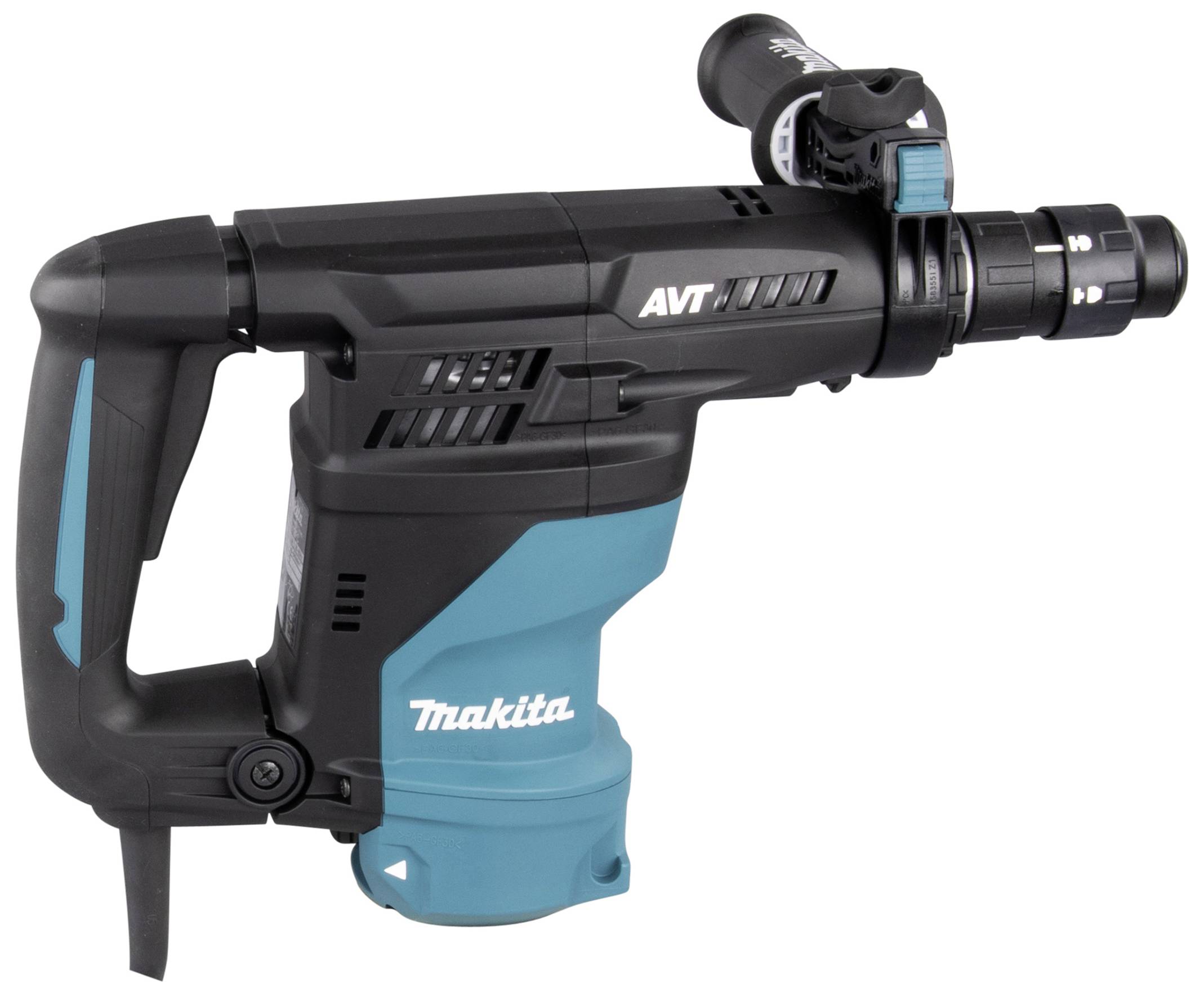 Ein schwarzer und blauer Industriemeißelhammer mit ergonomischem Griff und Zusatzgriffaufsatz, geeignet für schwere Bohrarbeiten.