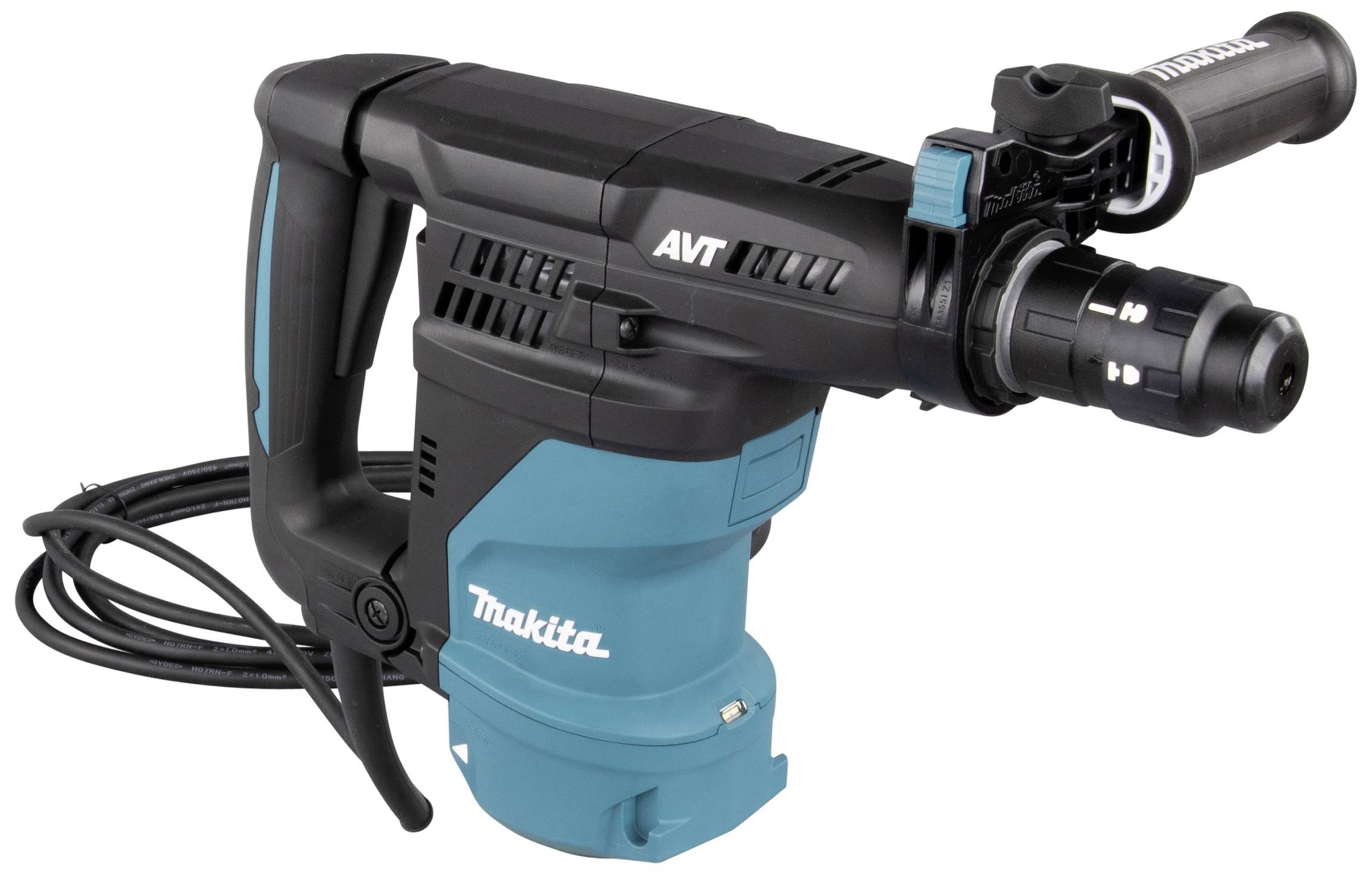 Ein elektrischer Abbruchhammer mit einem ergonomischen Griff, Kabelanschluss und blauer Verkleidung.