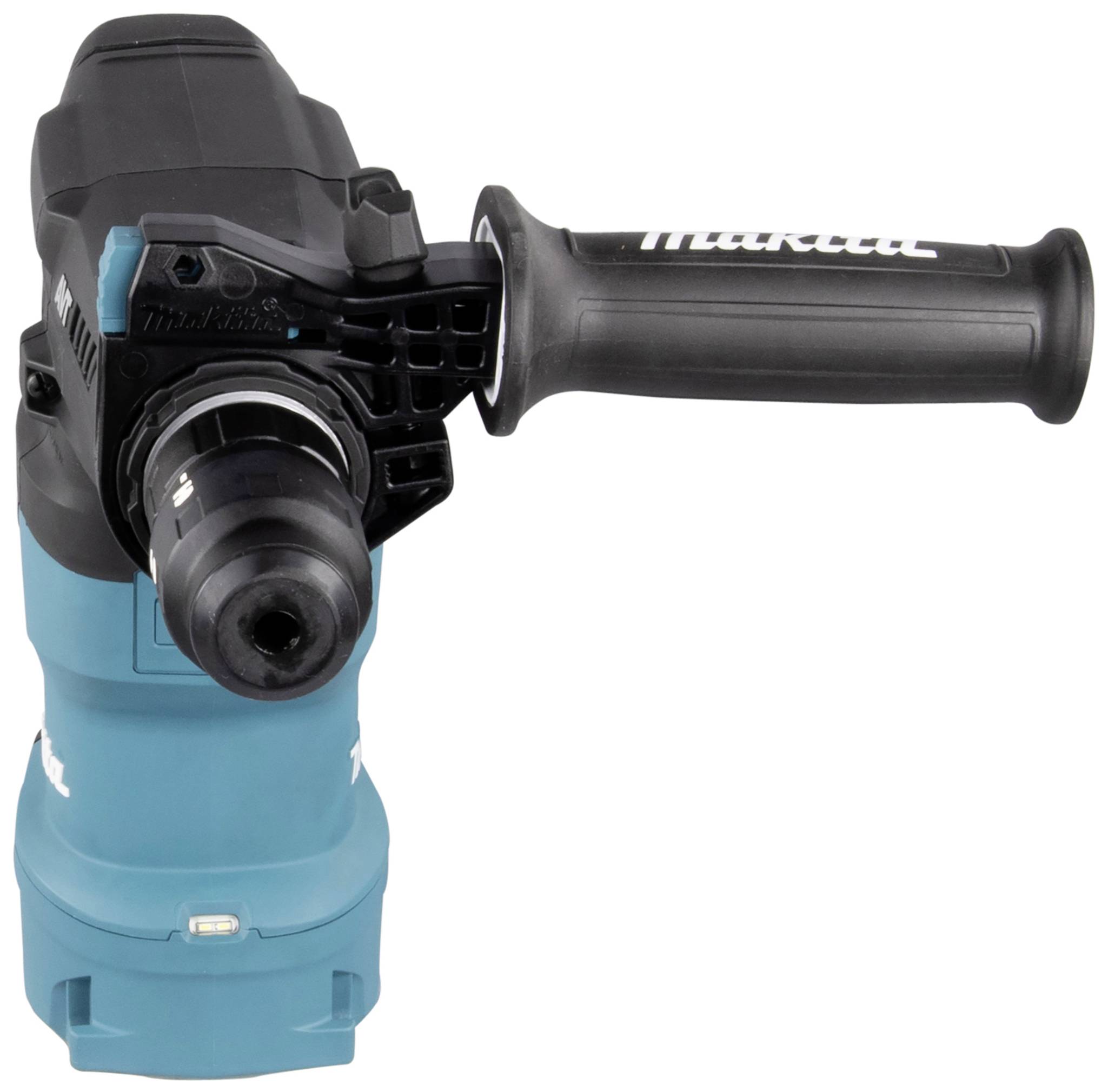 Ein türkisfarbener Bohrhammer mit schwarzem Griff und grauem Bohrfutter. Markenname 'Makita' auf dem Griff sichtbar.