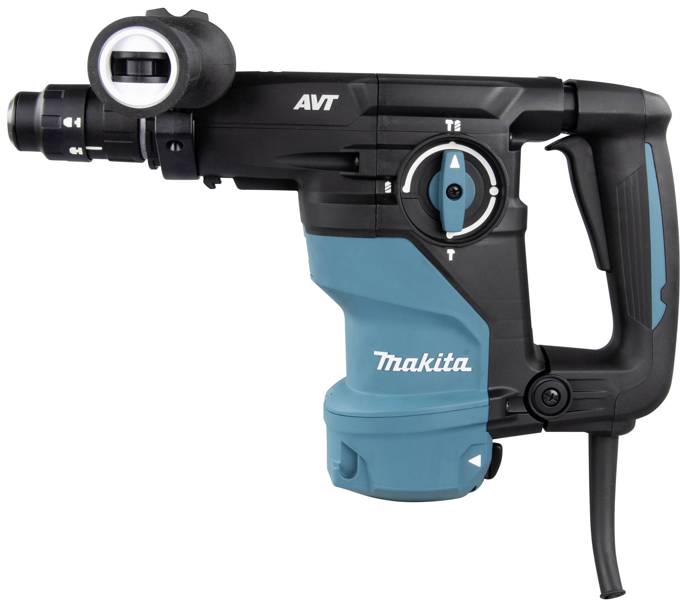 Schwarzer und blauer Makita Bohrhammer mit Griff, Bohrkopf und Logo.