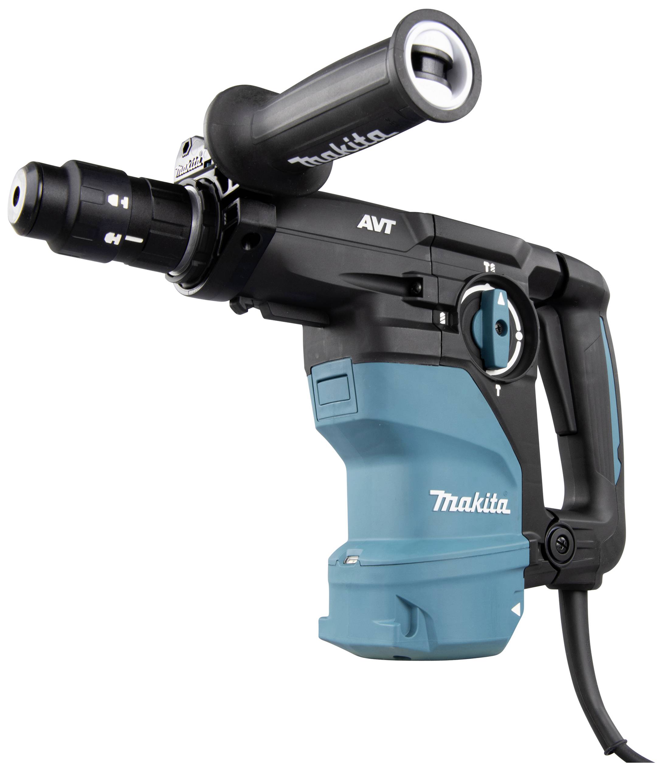 Ein blauer und schwarzer elektrischer Bohrhammer mit ergonomischem Griff und Kabel. Marke und Steuerelemente sind deutlich sichtbar.