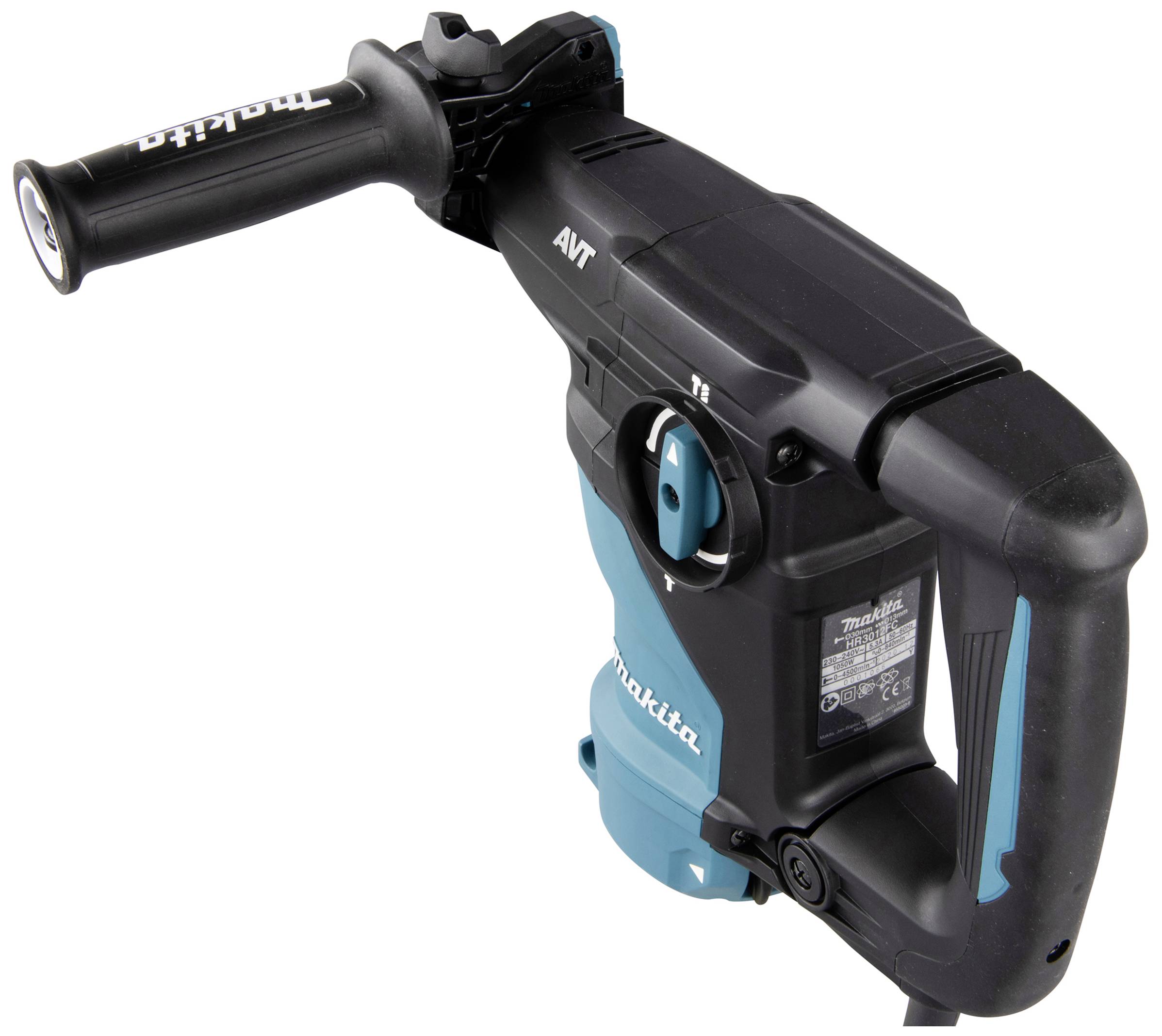 Schwarzer und blauer Elektrohämmer von Makita mit Griff und Bedienelementen, geeignet für schwere Bauarbeiten.