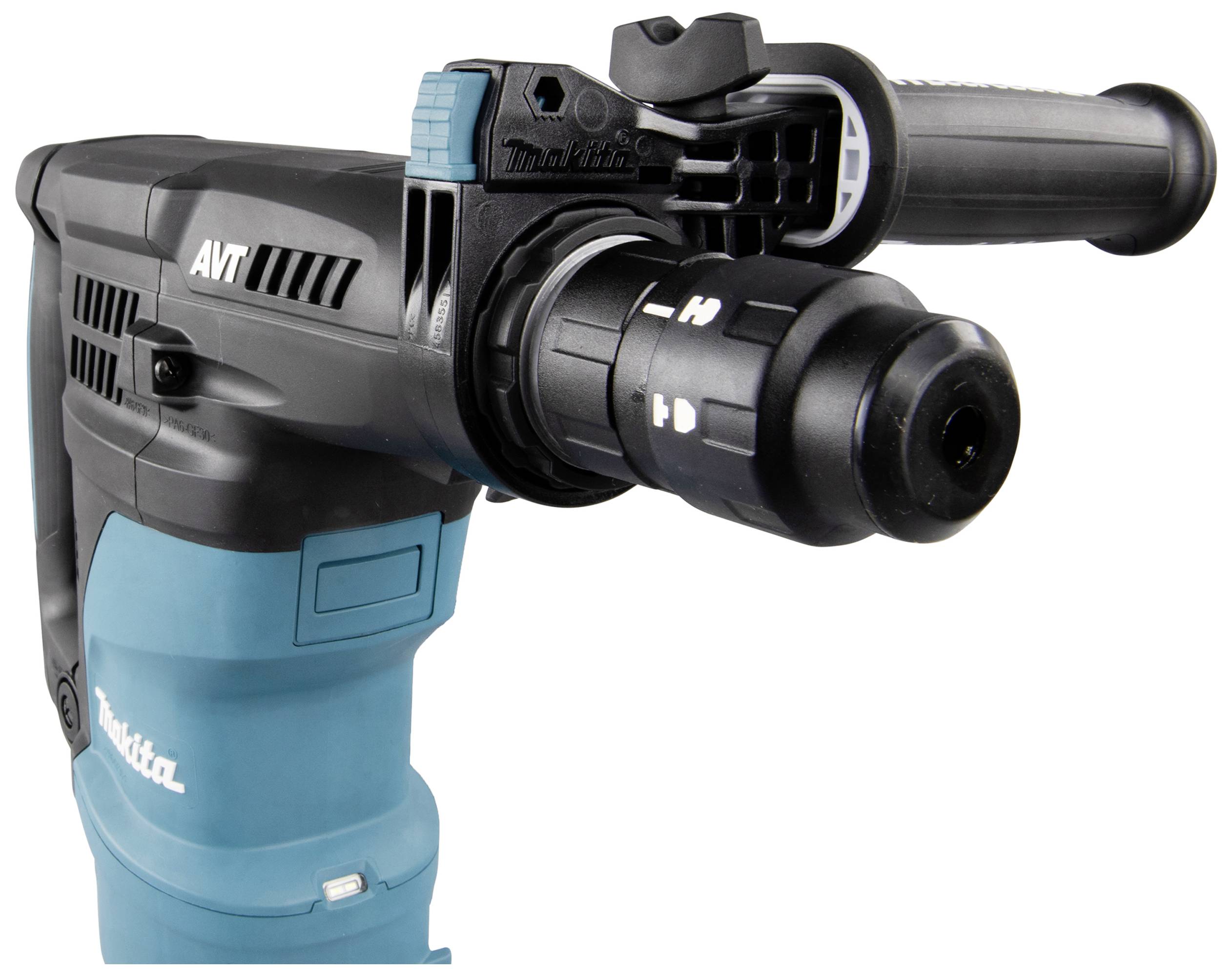 Ein elektrischer Bohrhammer in Nahaufnahme, blau und schwarz, mit festem Griff und robustem Bohrkopf, geeignet für schwere Arbeiten.