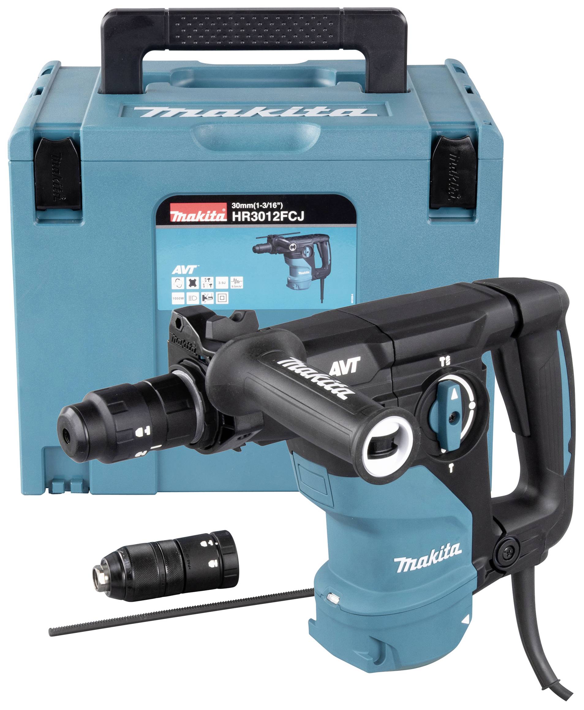 Ein türkisfarbener Makita Bohrhammer 'HR3012FCJ' mit schwarzem Griff und austauschbarem Bohrkopf, präsentiert vor einem passenden Transportkoffer.