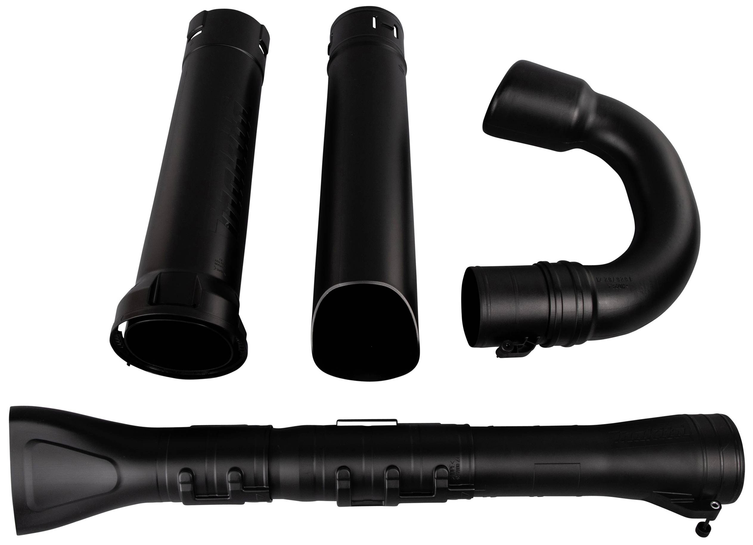 Mehrere schwarze Kunststoffrohre in verschiedenen Formen und Größen; potenziell Teile eines Rohrsystems oder Auspuffsets.