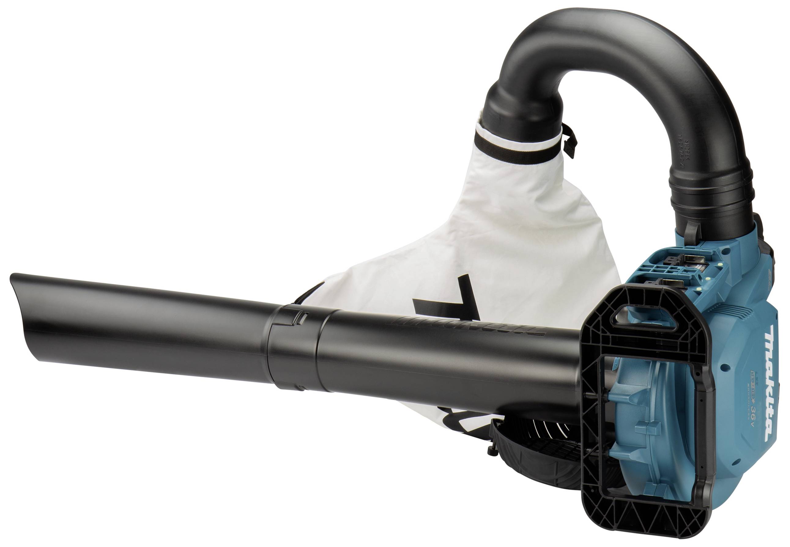 Laubbläser mit langem schwarzen Rohr und weißem Auffangbeutel. Das Gerät ist blau und für die Beseitigung von Laub geeignet.