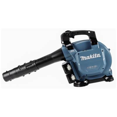 Ein blauer, kabelloser Laubbläser von Makita mit zwei Akkuplätzen, geeignet für Gartenarbeiten und das Entfernen von Laub.