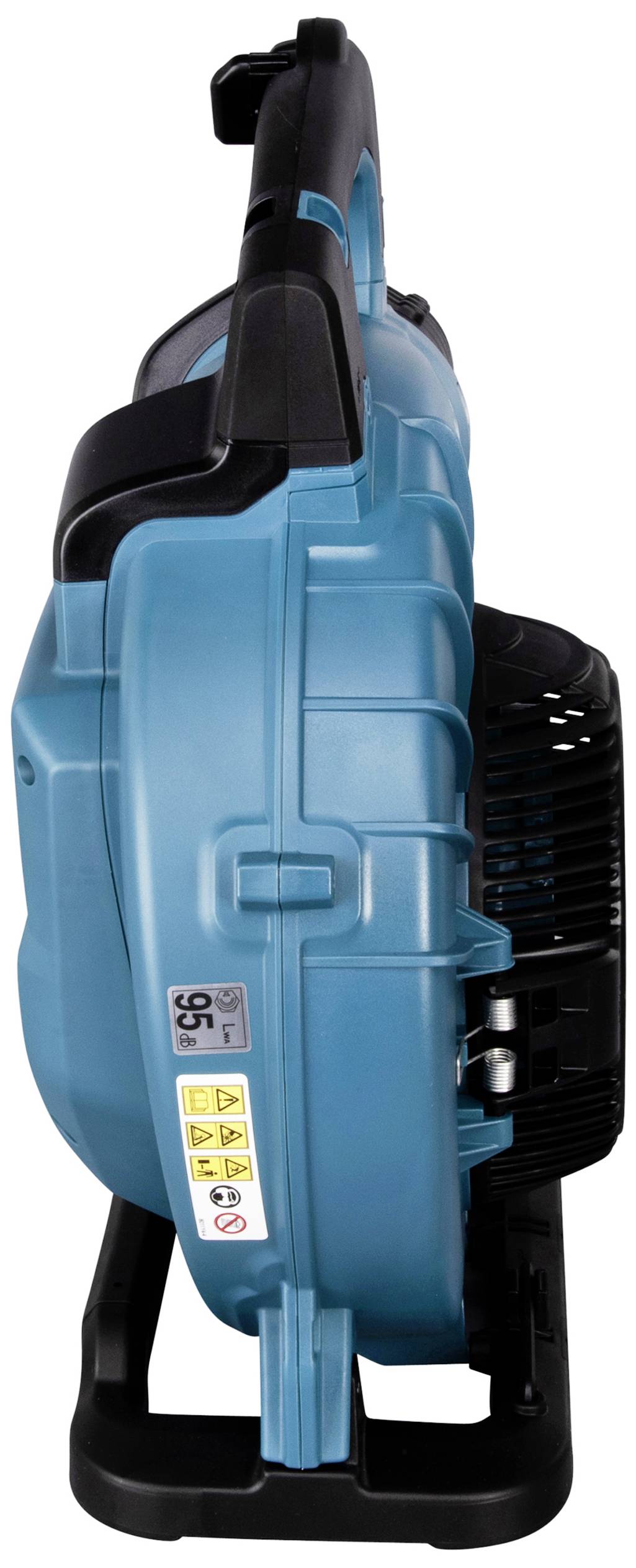 Blauer Laubbläser in Seitenansicht mit ergonomischem Griff. Sicherheitsaufkleber und Warnsymbole auf der linken Seite sichtbar.