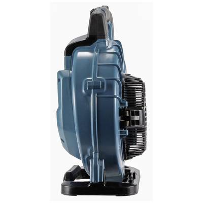 Akku-Gebläse in seitlicher Ansicht, kompakt und tragbar, mit schwarzem Ventilator und blauem Gehäuse. Ideal für Werkstattanwendungen.