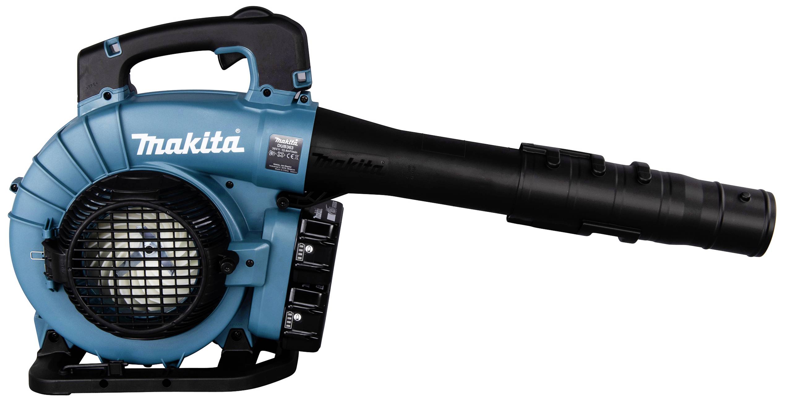 Ein blauer Laubbläser mit schwarzem Griff und Düse der Marke Makita, Modellbezeichnung vorne sichtbar, auf weißem Hintergrund.