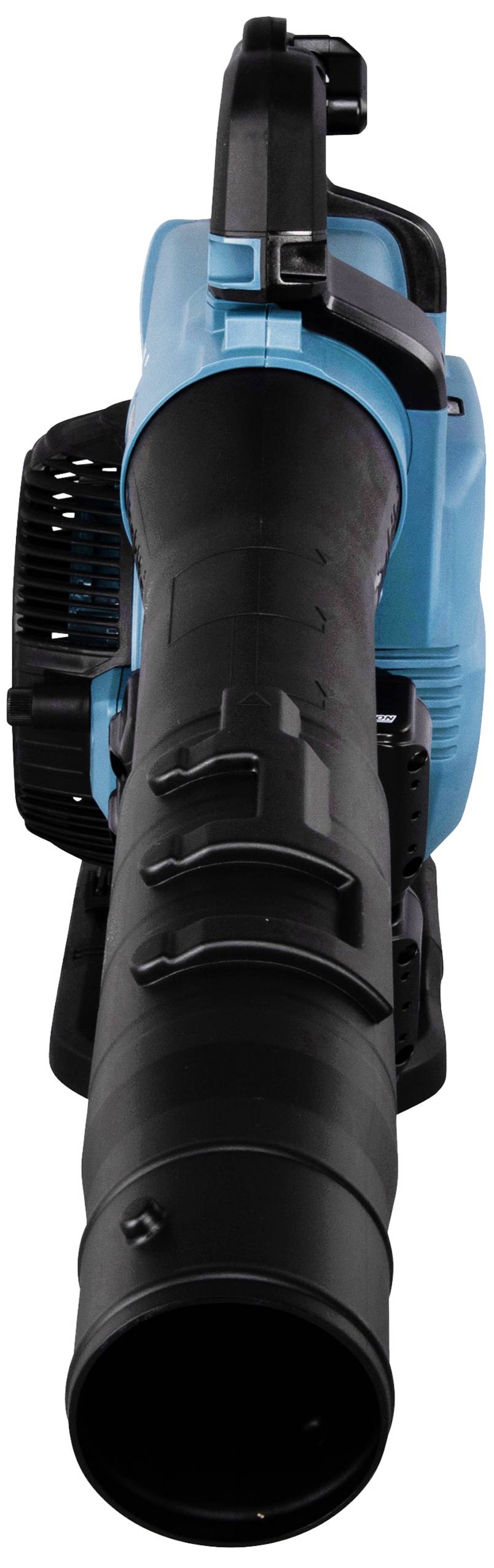 Laubbläser in blauer Farbe, Draufsicht, mit schwarzem Griff und Düse, industrielles Design, für Garten- oder Landschaftspflege.