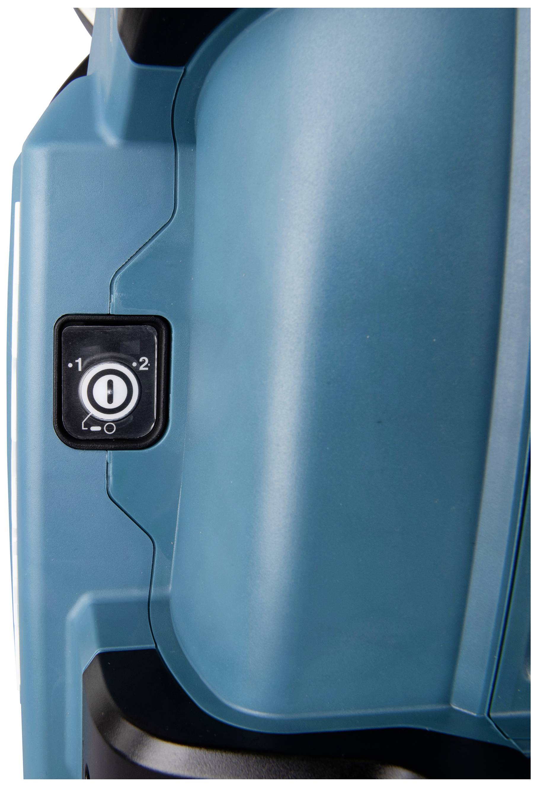 Blauer Elektrowerkzeug-Schalter mit zwei Stufen: '0', '1', und '2'. Der Schalter ist auf '0' gestellt.