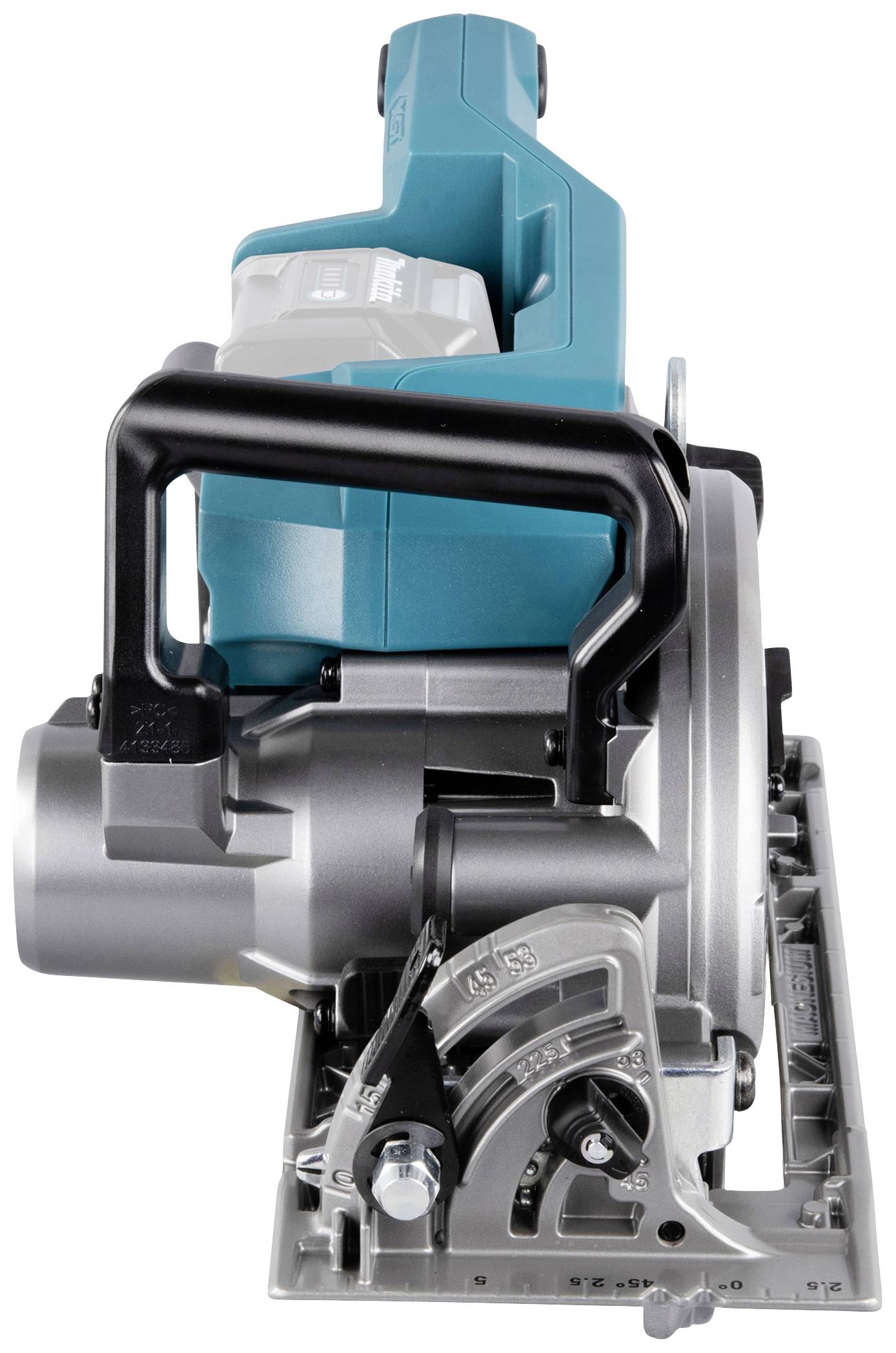 Eine blaue und graue Handkreissäge im Profil, mit einem schwarzen Griff und einem einstellbaren Winkelmesser an der Vorderseite.