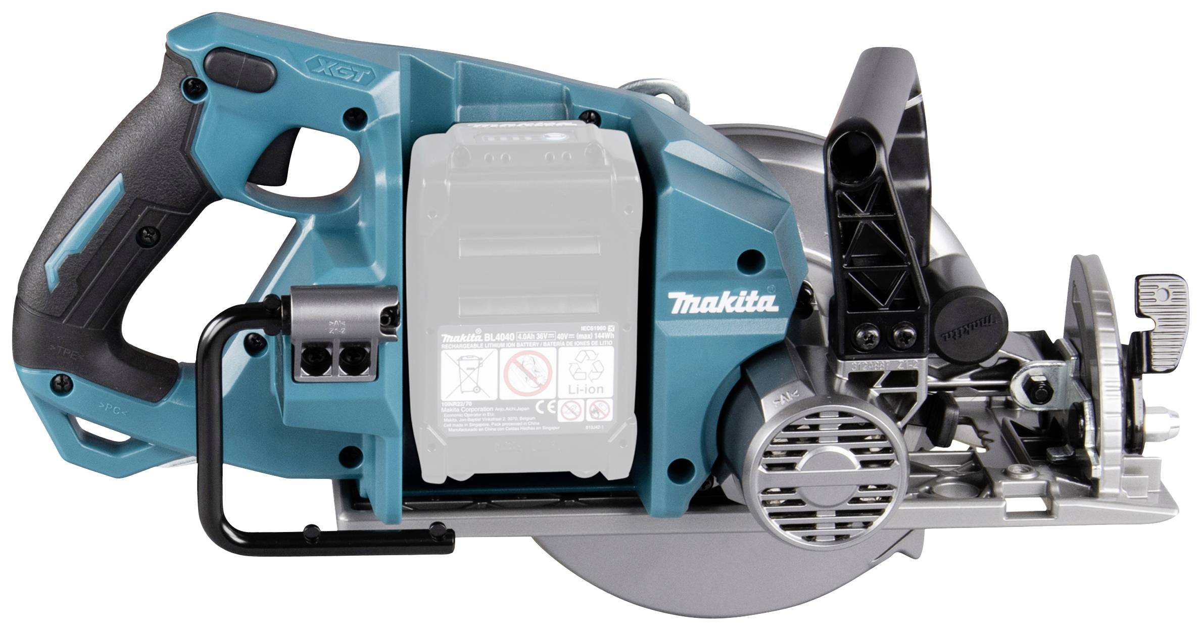 Eine blaue Makita-Handkreissäge, drahtlos, mit ergonomischem Griff und vorderem Schutz, geeignet für präzise Holzschnitte.