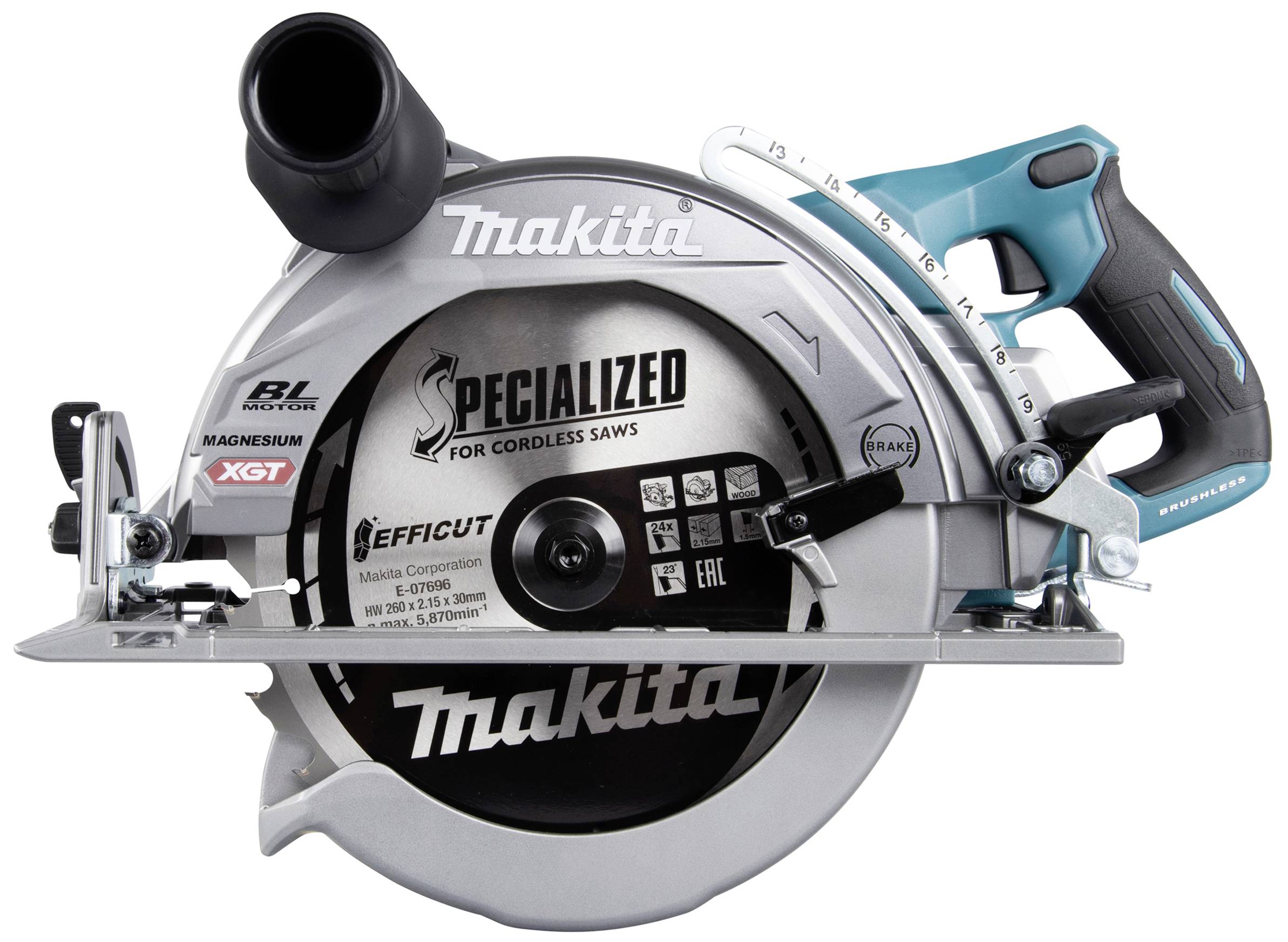 Elektrische Handkreissäge mit silbernem Gehäuse und blau-schwarzem Griff. Markentext 'Makita' und 'Specialized for Cordless Saws'.