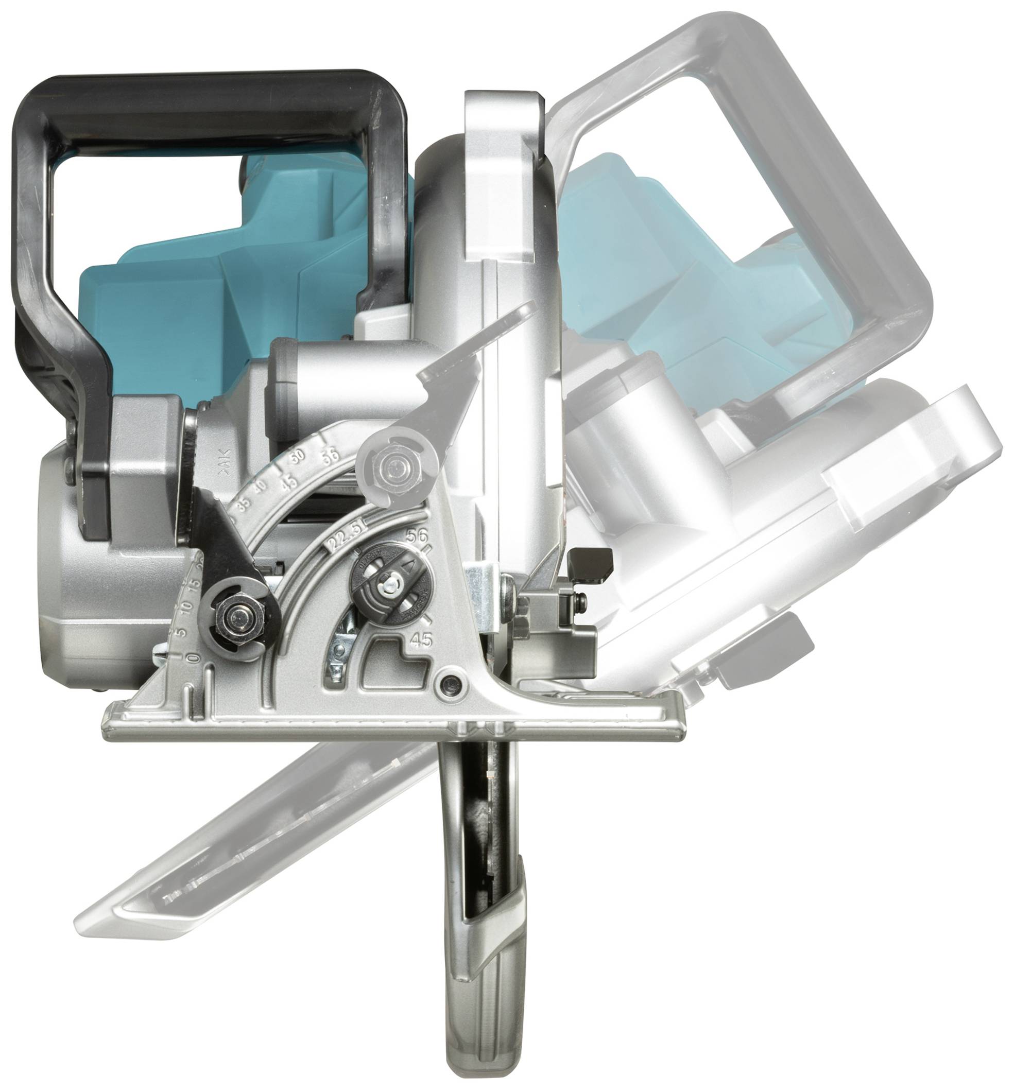 Handkreissäge mit blauer Verkleidung, gekippt in verschiedene Positionen, zeigt Verstellmechanismen und Griff.