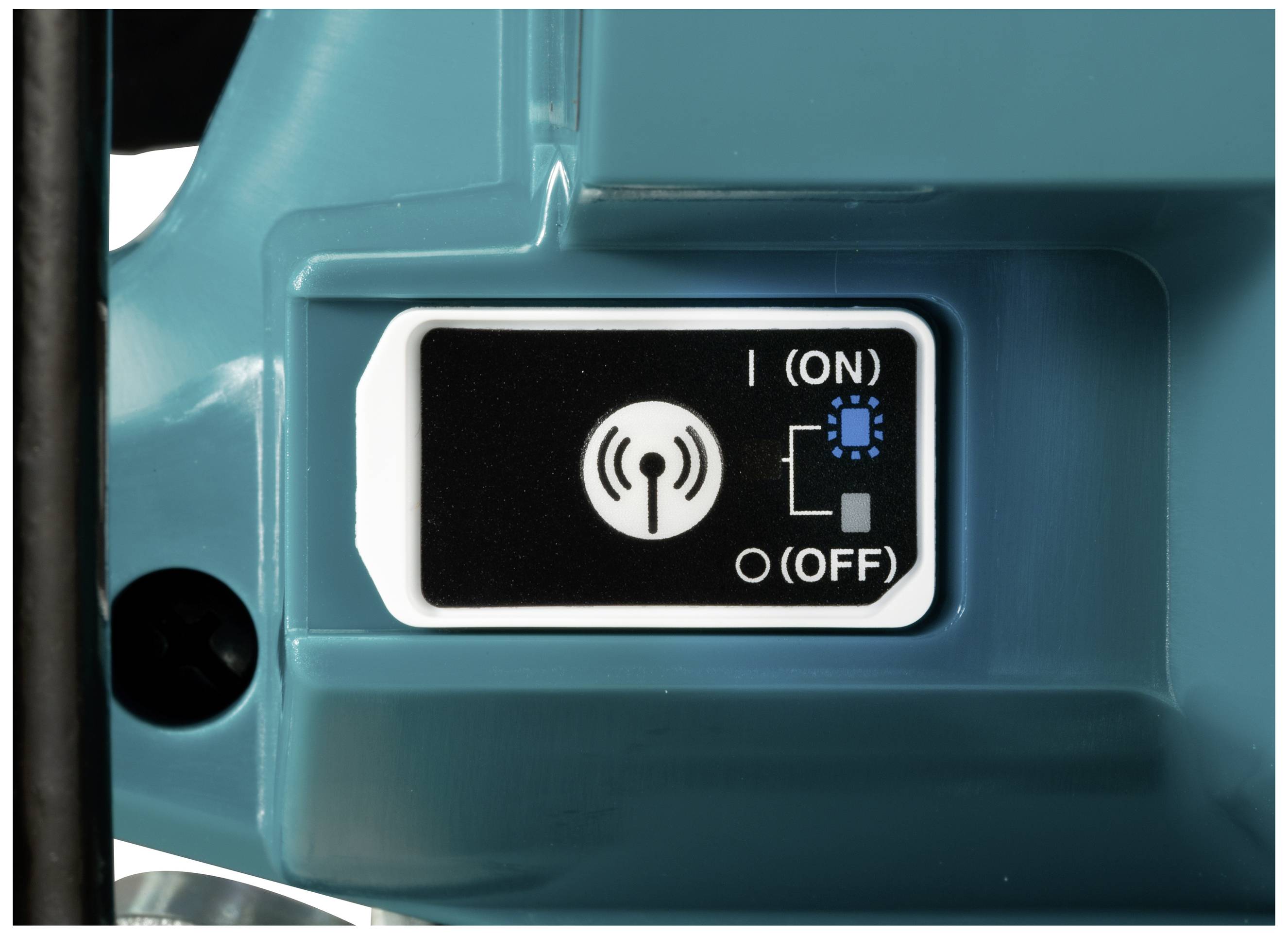 Schalter mit zwei Positionen: 'I (ON)' rechts, aktiviert; 'O (OFF)' links, deaktiviert. Symbol für kabelloses Signal in der Mitte.