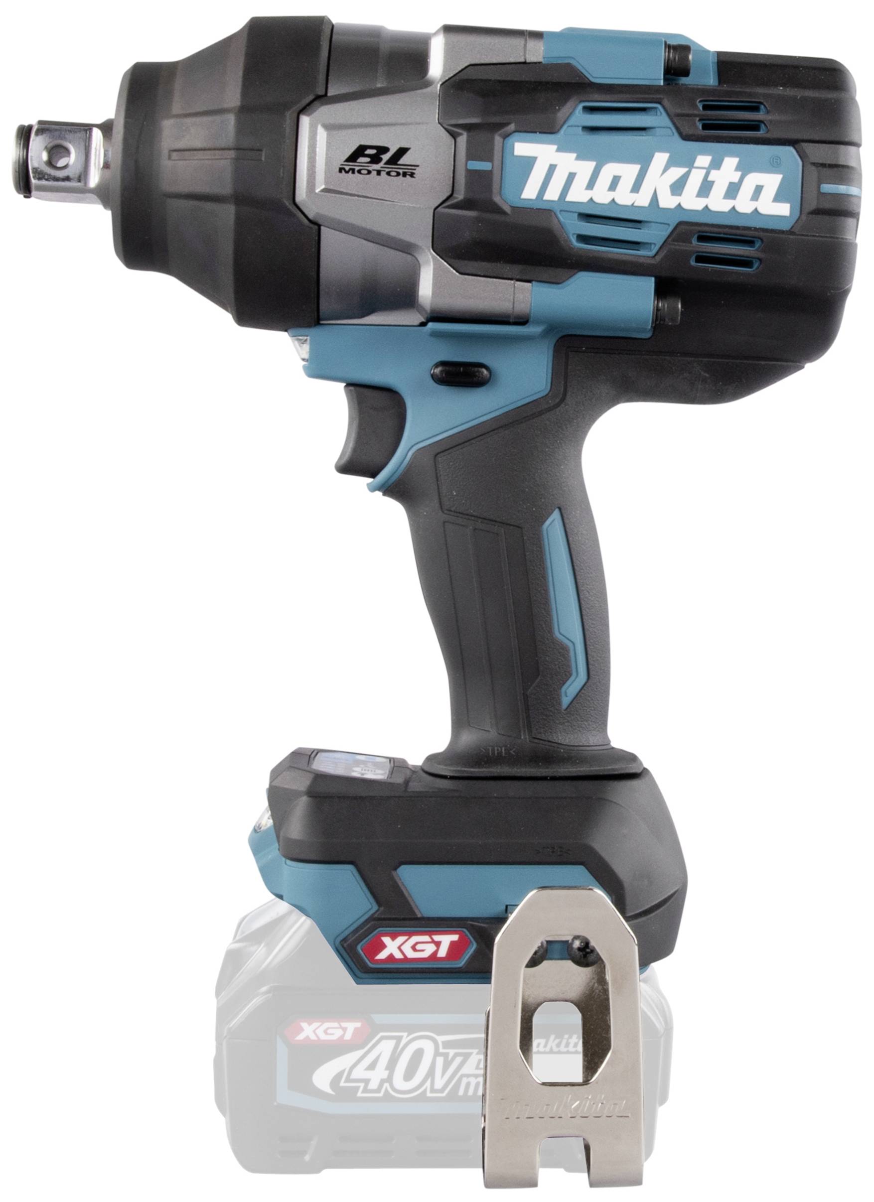 Ein Akkuschlagschrauber von Makita, Modell mit bürstenlosem Motor, in den Farben Schwarz und Blau, mit 'XGT 40Vmax'-Batterie.