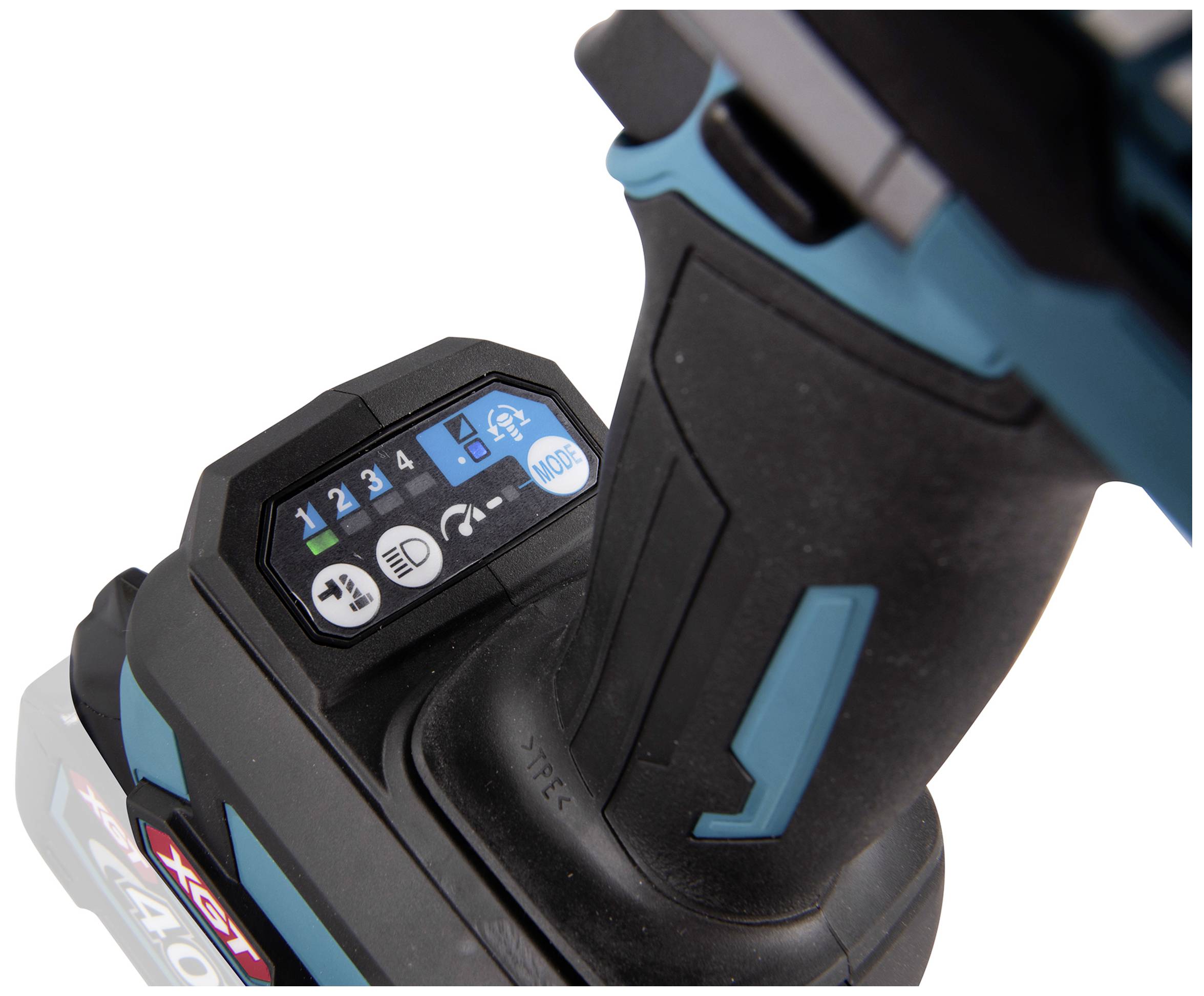 Displays a power tool with a numeric control panel indicating settings from 1 to 4, buttons for light, rotation mode, and torque settings.