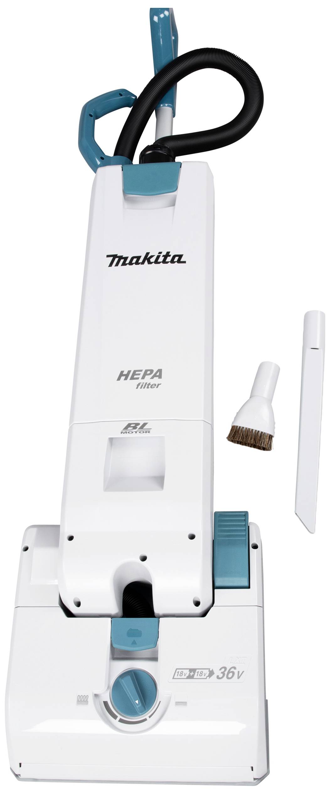 Ein weißer Makita Staubsauger mit HEPA-Filter und 36V-Antrieb. Rechts daneben eine Bürste und eine schmale Düse.