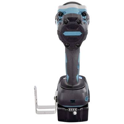 Ein kabelloser Bohrschrauber mit blau-schwarzem Gehäuse, Metallhalterung an der Seite und einer Batterie am unteren Ende.