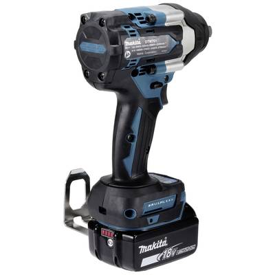 Akku-Schlagschrauber von Makita mit 18V Lithium-Ionen-Akku, schwarzes und blaues Gehäuse, robuste Bauweise für Bauarbeiten.