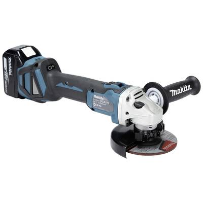 Ein kabelloser Winkelschleifer mit ergonomischem Griff, Herstellername auf der Seite. Hauptsächlich in Blau und Schwarz gehalten.
