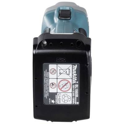 Makita Akku mit der Aufschrift 'Li-Ion 18V 60Wh' auf einem Elektrowerkzeug. Warnhinweise und Recycling-Symbole sind sichtbar.