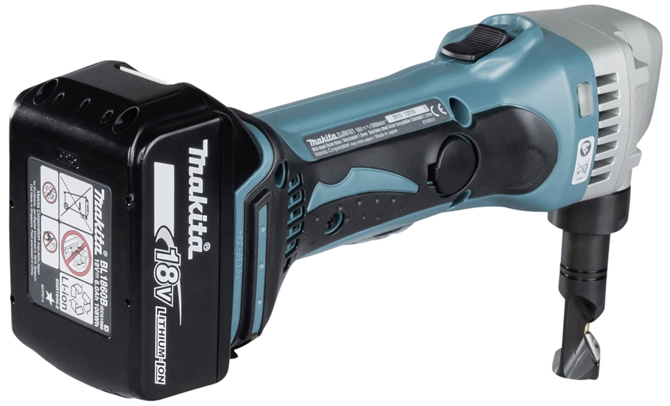 Akkubetriebener Handschneider in Blau mit schwarzem Griff, geeignet für Metallarbeiten. Zeigt Markenlogo und Batterieabdeckung.