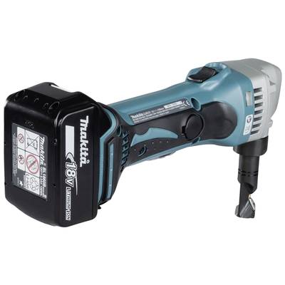 Akkubetriebener Handschneider in Blau mit schwarzem Griff, geeignet für Metallarbeiten. Zeigt Markenlogo und Batterieabdeckung.