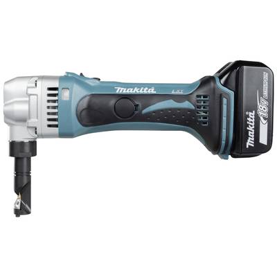 Ein kabelloser Winkelschrauber der Marke Makita, blau und schwarz, mit Akku auf der Rückseite.