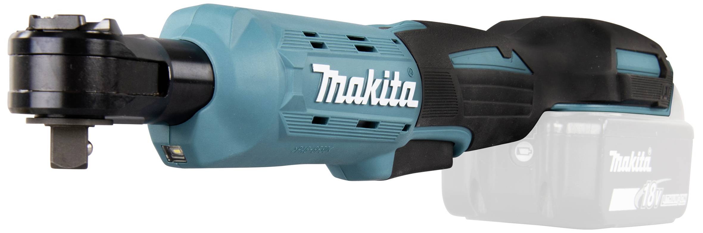 Ein blau-schwarzer Akku-Ratschenschlüssel von Makita, seitlich dargestellt, mit sichtbarem Logo und Batterie, für Werkstattarbeiten.