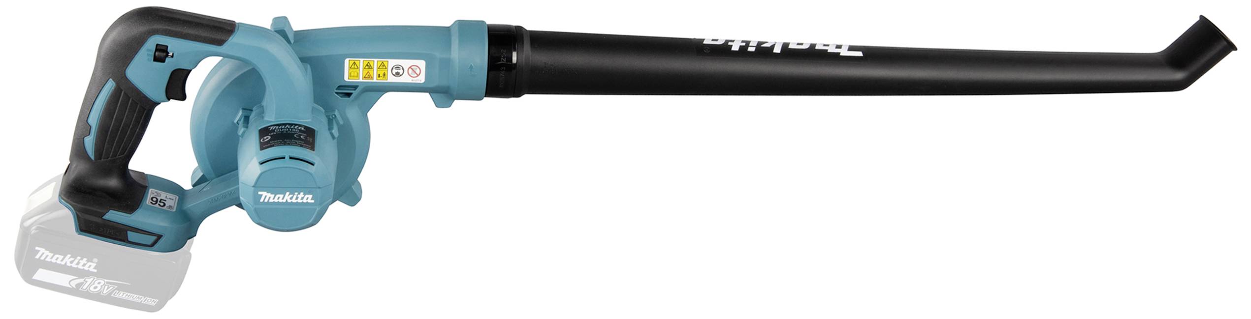 Ein blauer, kabelloser Laubbläser mit schwarzem, langem Blasrohr. Das Gerät hat einen ergonomischen Griff und ein kompaktes Design.