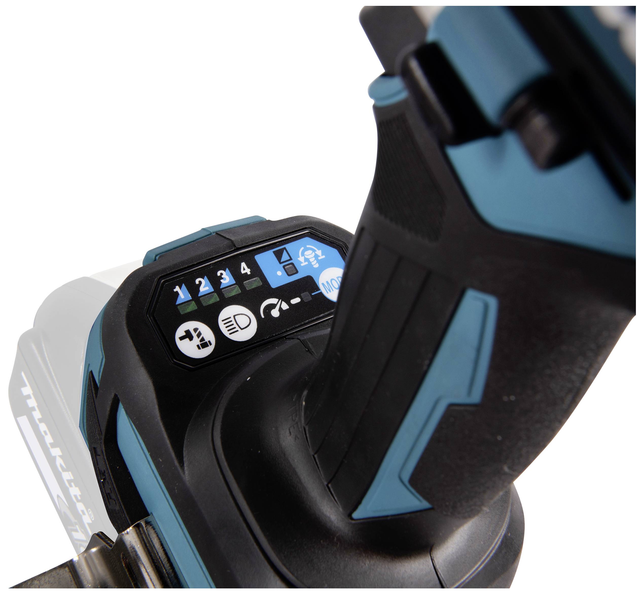 Bohrmaschine mit blauem Griff, Ziffern und Symbole auf der Steuereinheit, zeigt Einstellungen und Funktionen an.