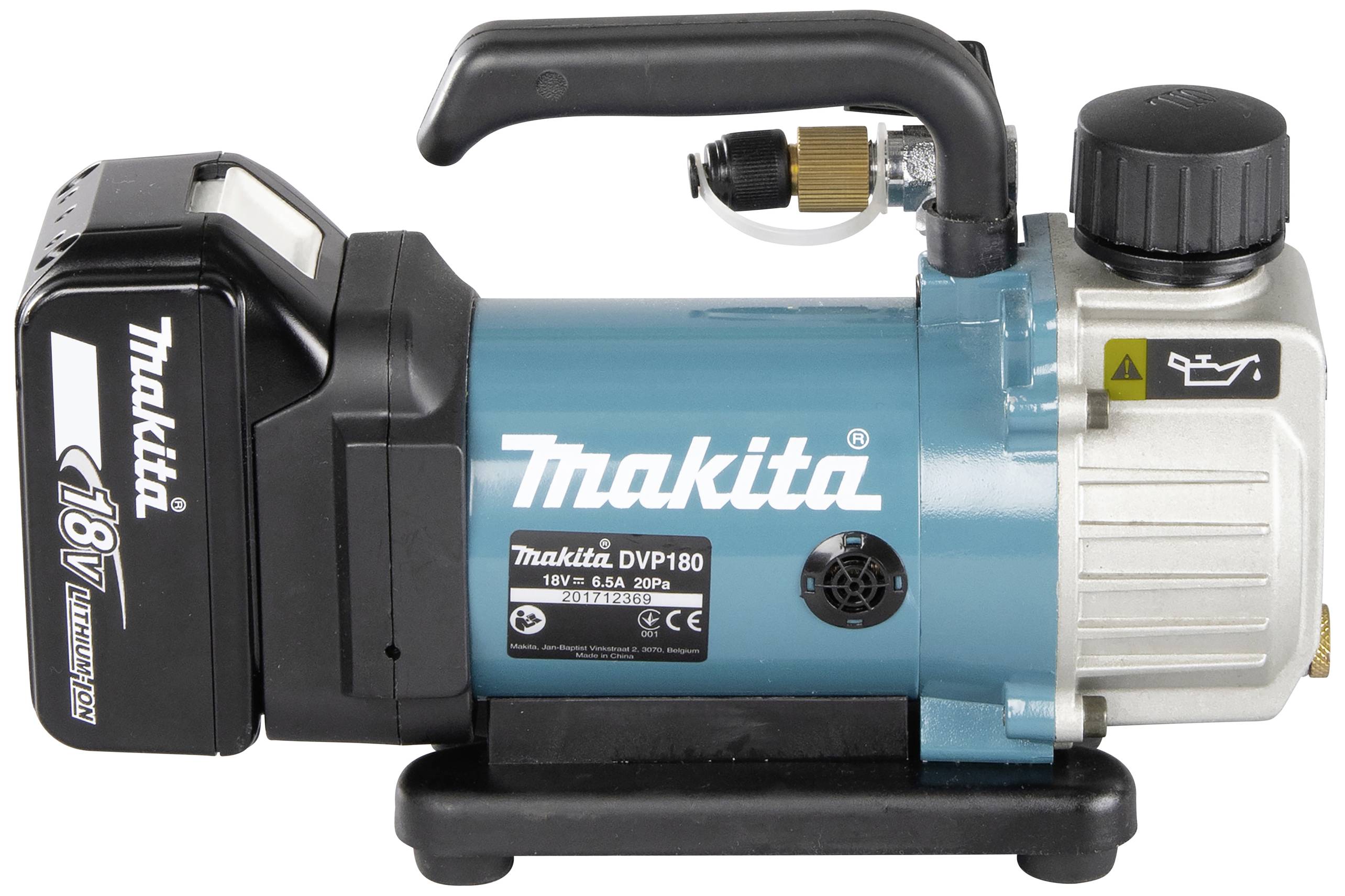 Eine blaue elektrische Pumpe der Marke Makita mit Akku. Sie hat einen Griff oben und eine Anzeige an der Seite.