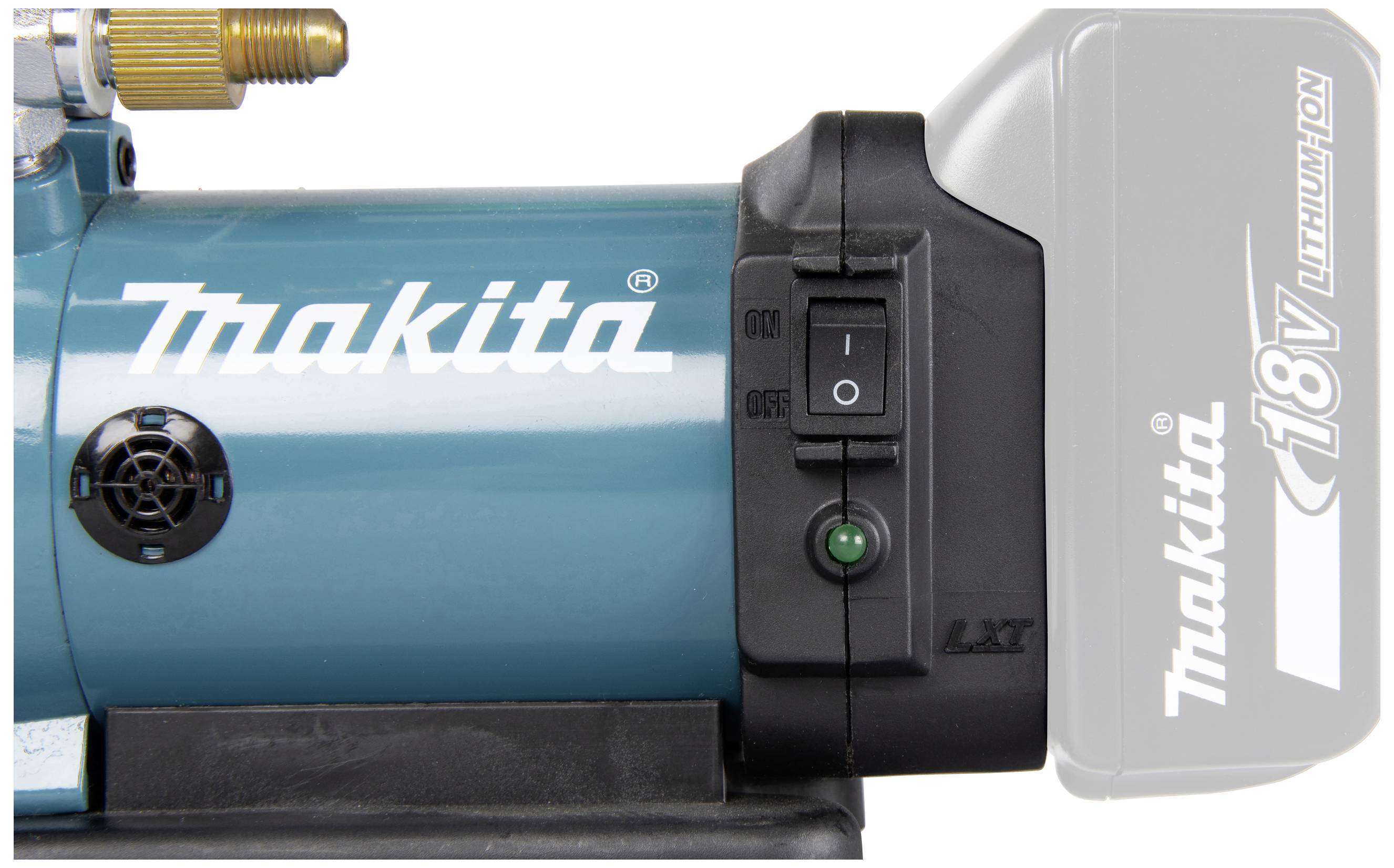 Akkubetriebener Luftkompressor von Makita mit 18V Lithium-Ionen-Akku, einem Ein/Aus-Schalter und einem Belüftungsauslass.