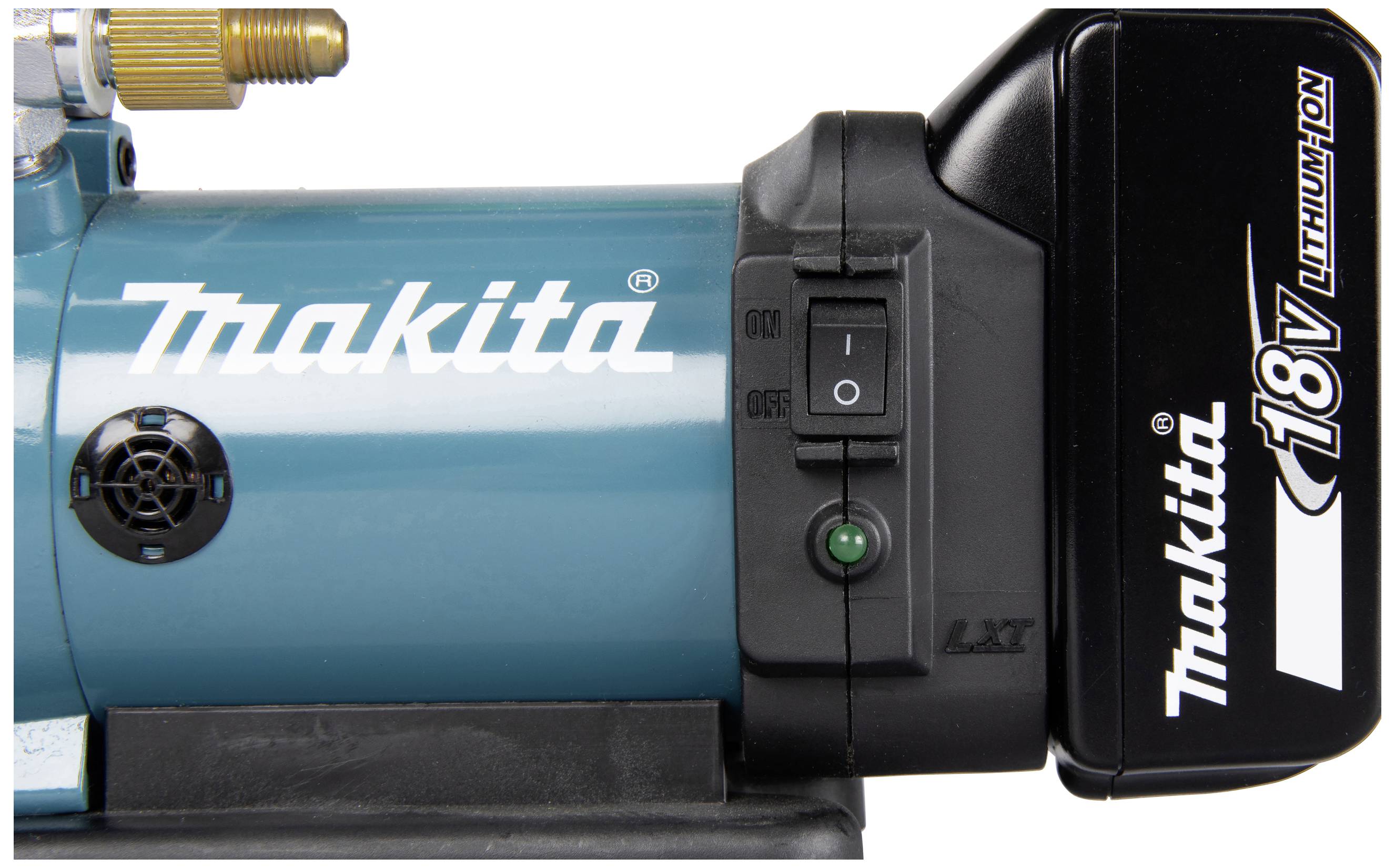 Nahaufnahme eines blauen Makita-Akku-Geräts mit 18V Lithium-Ionen-Batterie, Schalter und sichtbarem Belüftungsgitter.