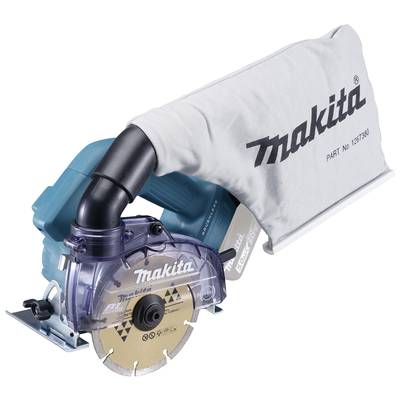 Elektrowerkzeug mit blauer Abdeckung und Aufschrift 'makita', Staubsack oben.