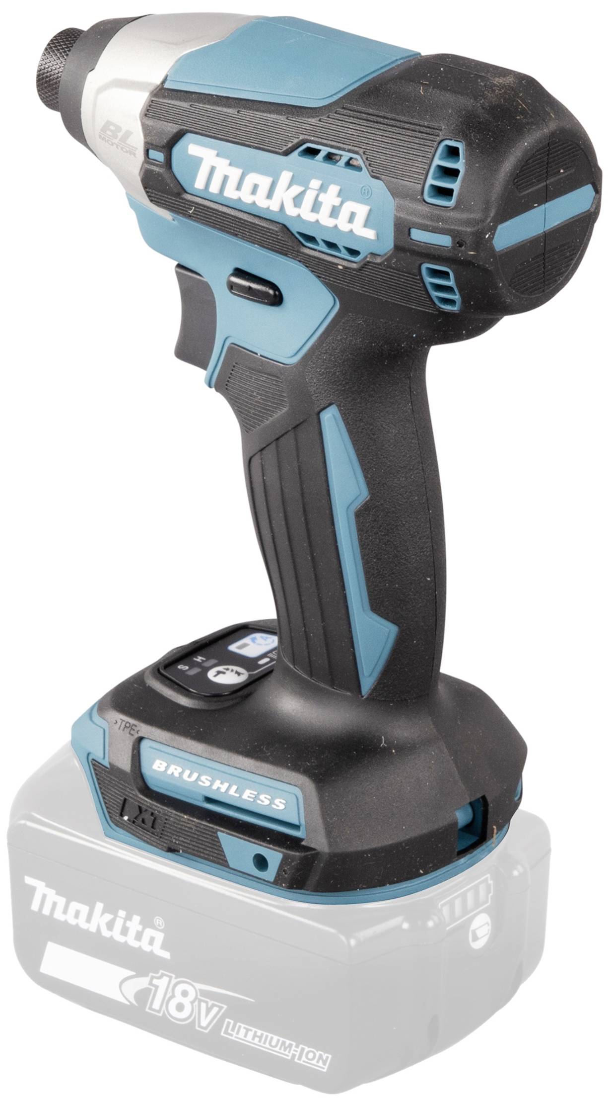 'Akkuschrauber von Makita, schwarz-blaues Design, 18V Li-Ionen-Akku, bürstenloser Motor für effiziente Leistung.'