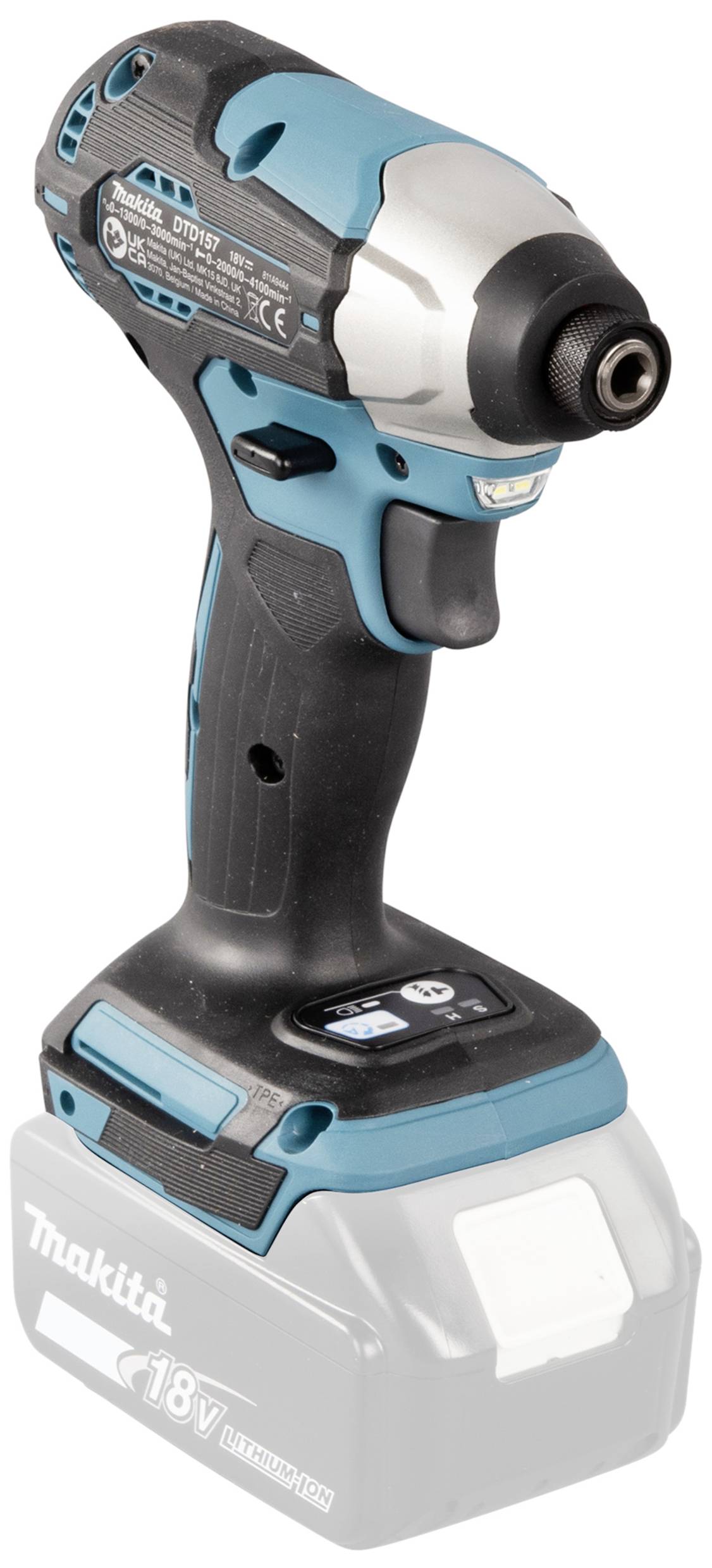 Akkuschlagschrauber in blau-schwarzem Design mit grauem 18V-Akku, geeignet für handwerkliche Arbeiten.