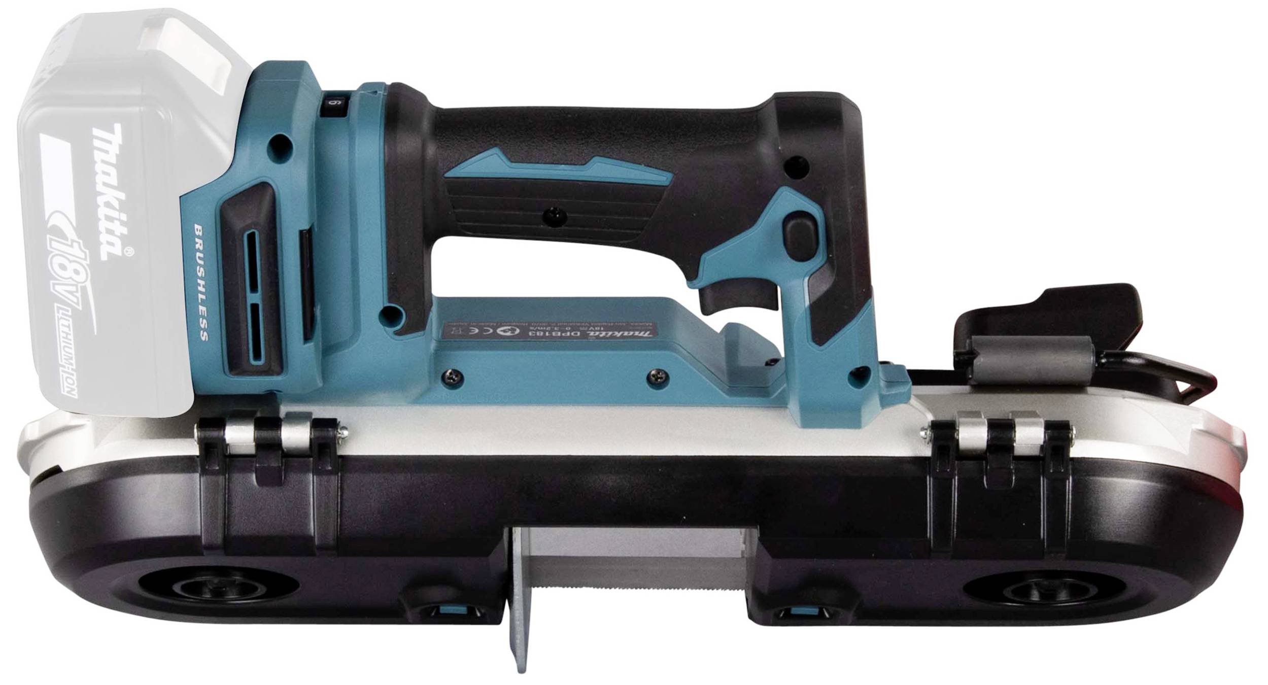 Akku-Bandsäge mit ergonomischem Griff, blauer und schwarzer Farbgebung. Geeignet für präzises Schneiden von Metall und Holz.