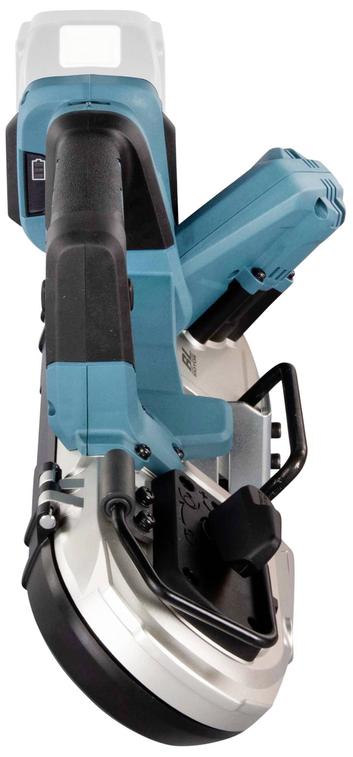 Ein kabelloses Elektrowerkzeug, wahrscheinlich eine Bandsäge, mit schwarzem Griff und einem blauen Gehäuse.
