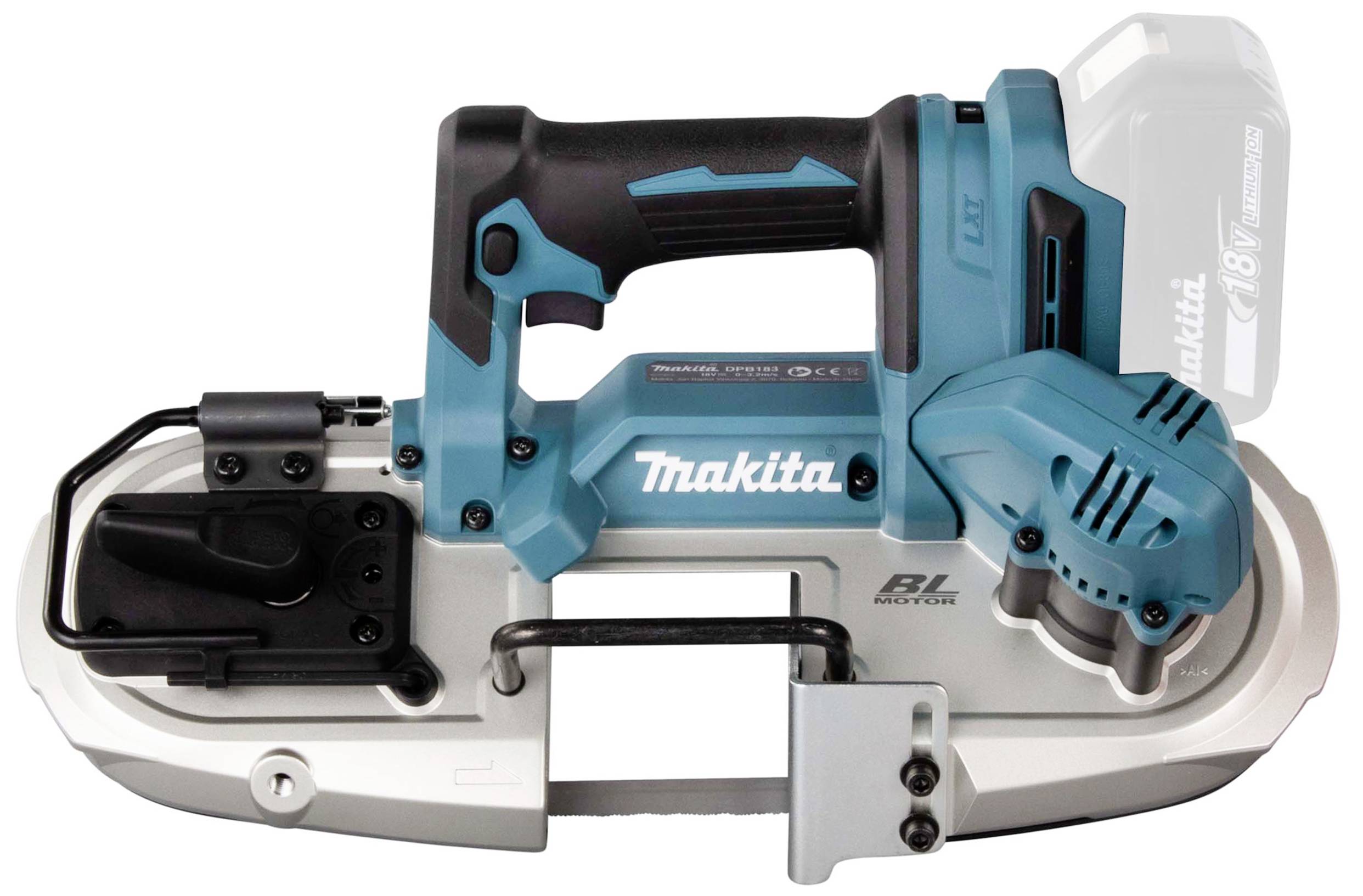 Ein elektrisches, tragbares Bandsägewerkzeug von Makita in Blau und Silber, mit einem gummierten Griff und einem abnehmbaren Akku.